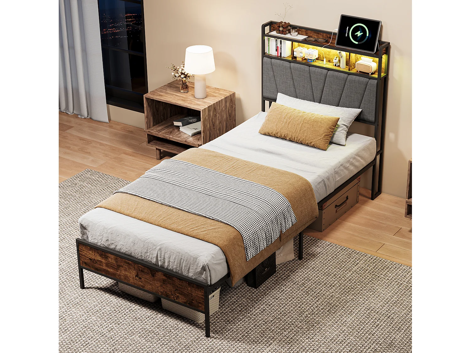 Lit simple coffre 90x200cm tête de lit capitonnée RGB-LED avec USB, grand espace de rangement, simili-cuir Lin gris