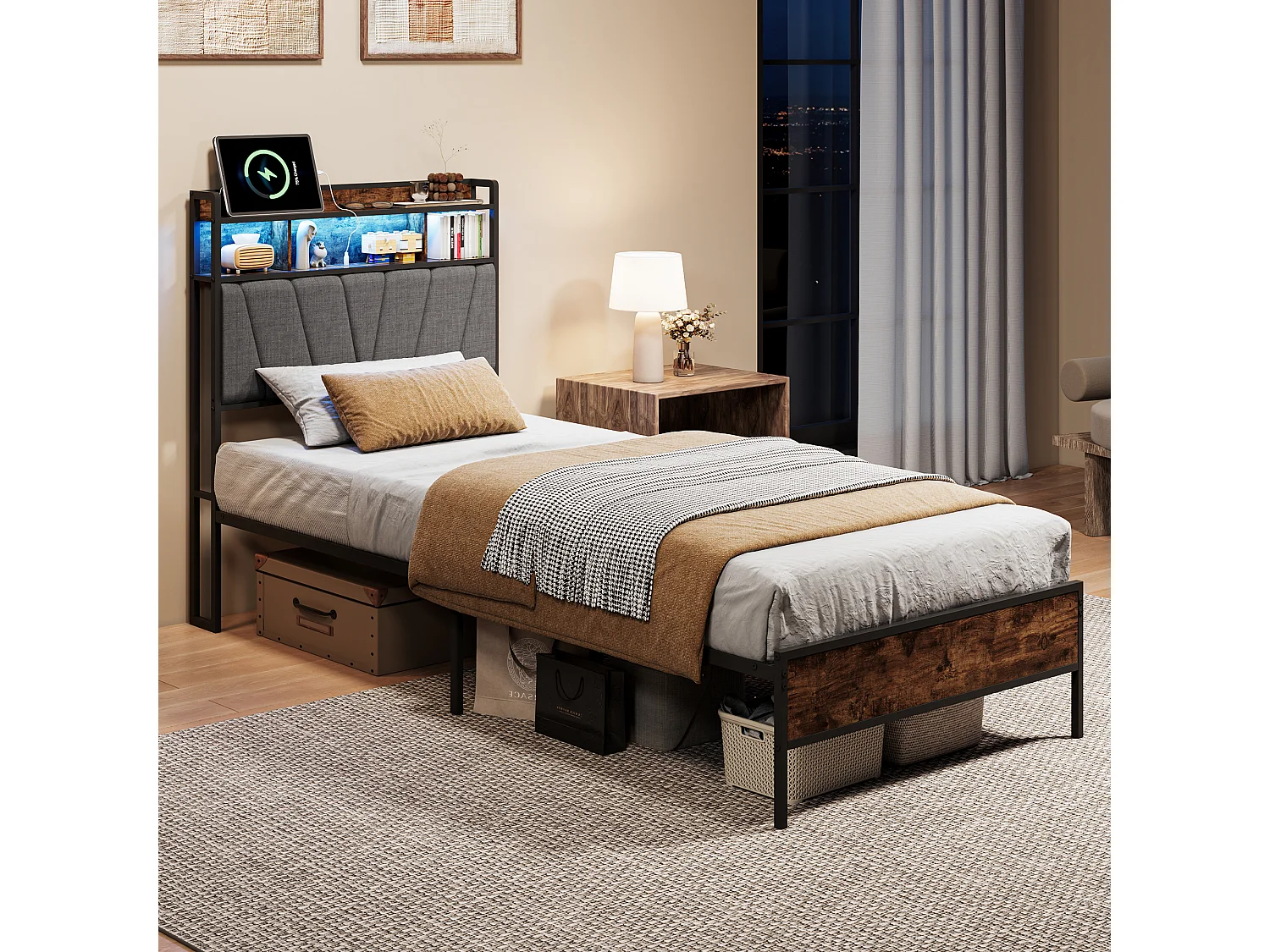 Lit simple coffre 90x200cm tête de lit capitonnée RGB-LED avec USB, grand espace de rangement, simili-cuir Lin gris
