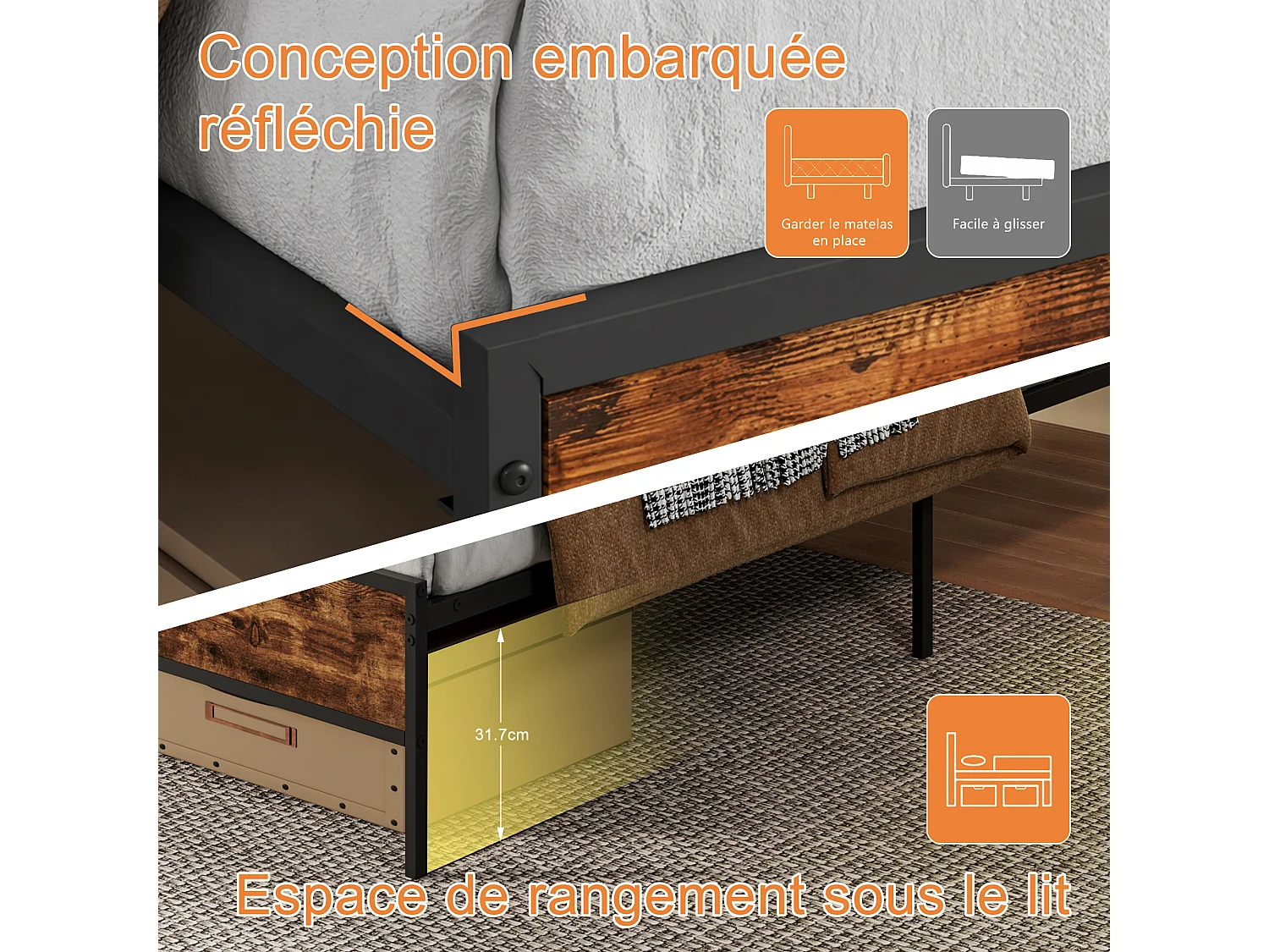 Lit simple coffre 90x200cm tête de lit capitonnée RGB-LED avec USB, grand espace de rangement, simili-cuir Lin gris
