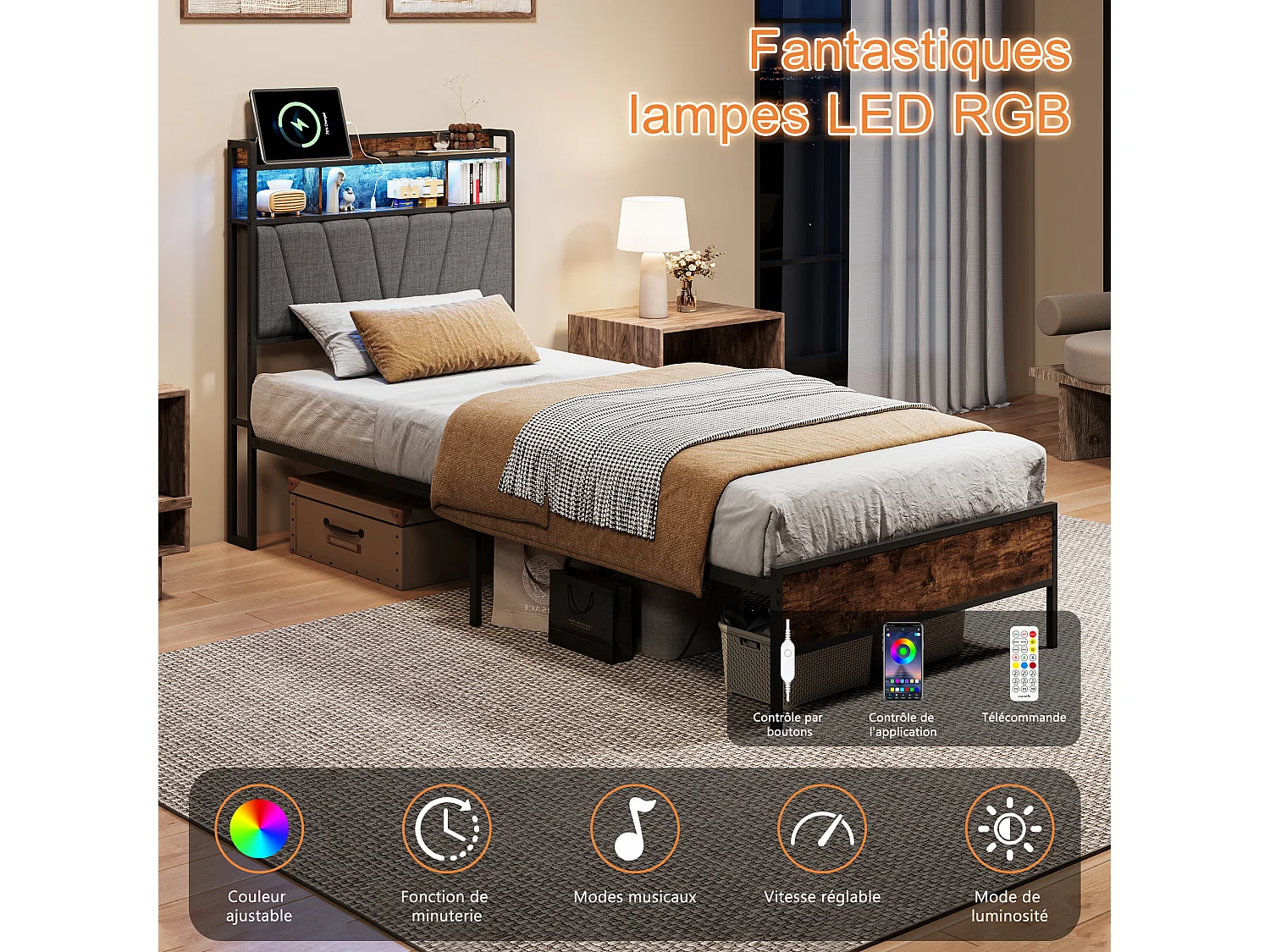 Lit simple coffre 90x200cm tête de lit capitonnée RGB-LED avec USB, grand espace de rangement, simili-cuir Lin gris