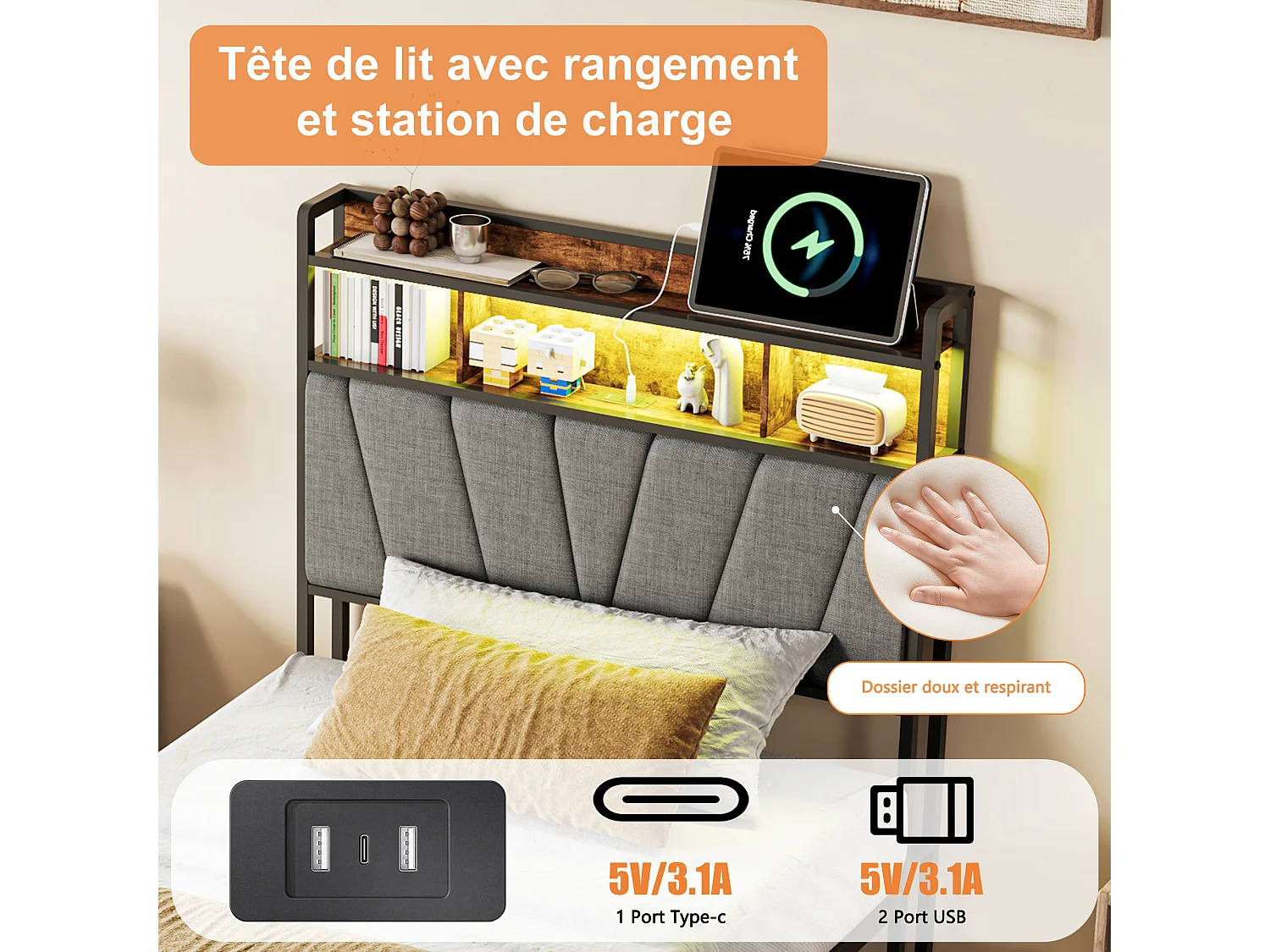 Lit simple coffre 90x200cm tête de lit capitonnée RGB-LED avec USB, grand espace de rangement, simili-cuir Lin gris