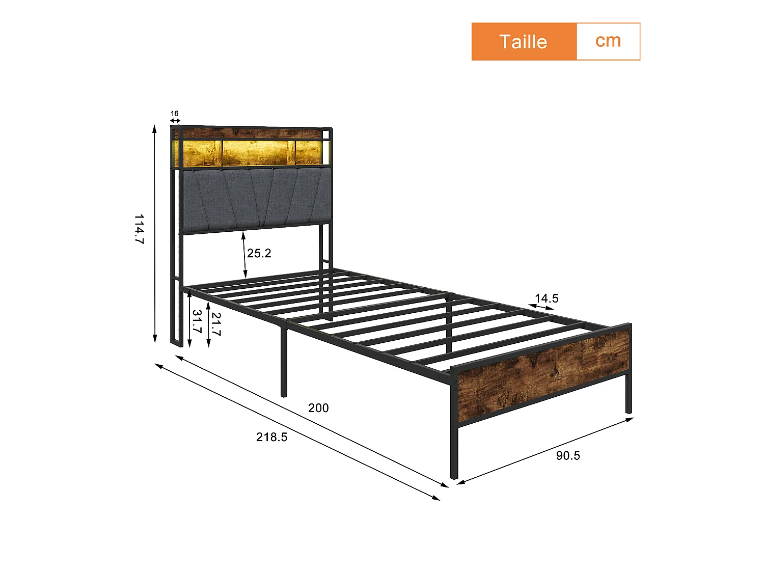 Lit simple coffre 90x200cm tête de lit capitonnée RGB-LED avec USB, grand espace de rangement, simili-cuir Lin gris