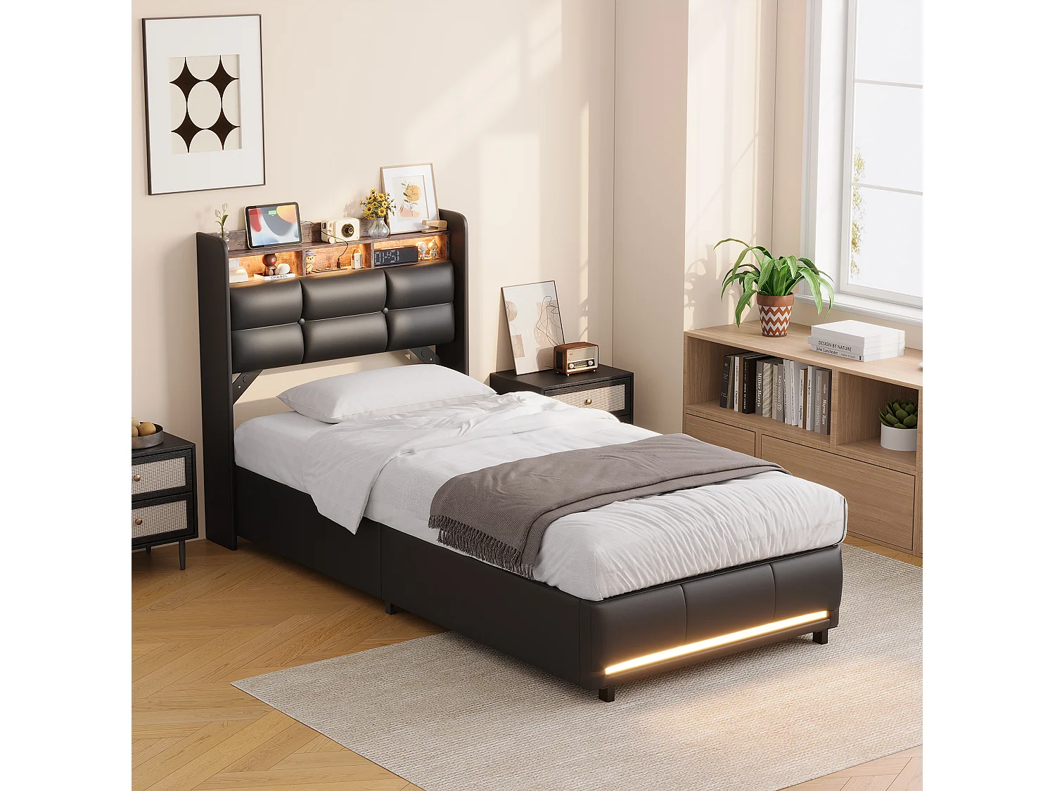 Lit simple coffre hydraulique 90x200cm pour chambre adolescent, simili-cuir noir PU, éclairage LED et ports de charge USB, sommier à lattes
