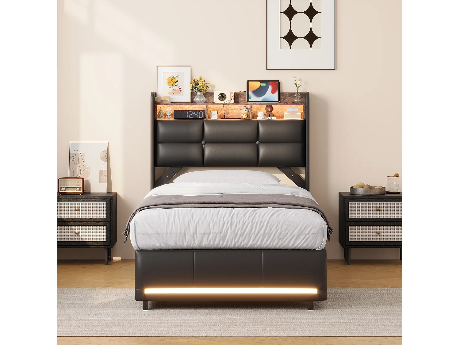Lit simple coffre hydraulique 90x200cm pour chambre adolescent, simili-cuir noir PU, éclairage LED et ports de charge USB, sommier à lattes