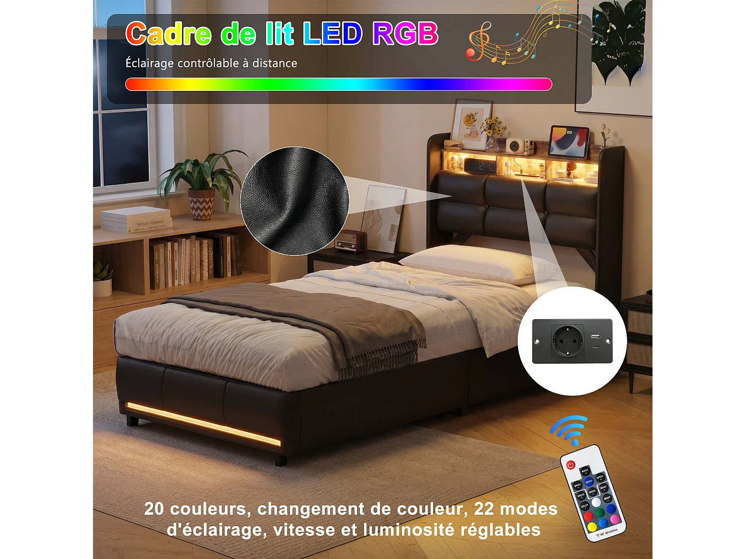 Lit simple coffre hydraulique 90x200cm pour chambre adolescent, simili-cuir noir PU, éclairage LED et ports de charge USB, sommier à lattes