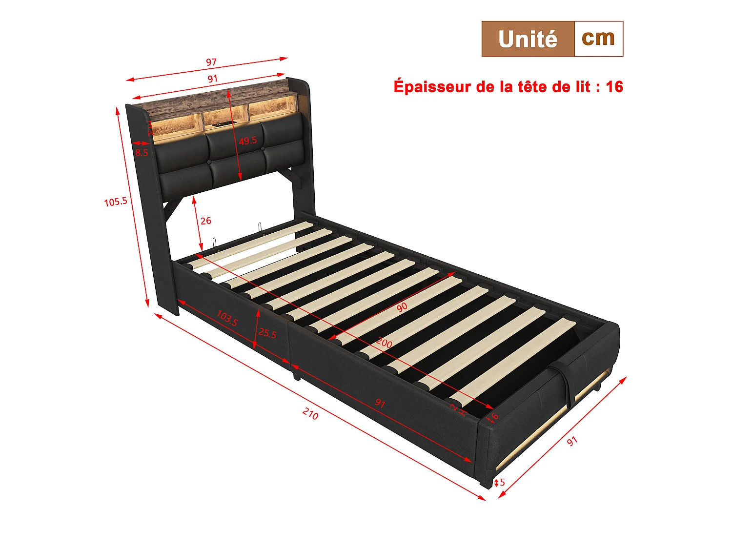 Lit simple coffre hydraulique 90x200cm pour chambre adolescent, simili-cuir noir PU, éclairage LED et ports de charge USB, sommier à lattes