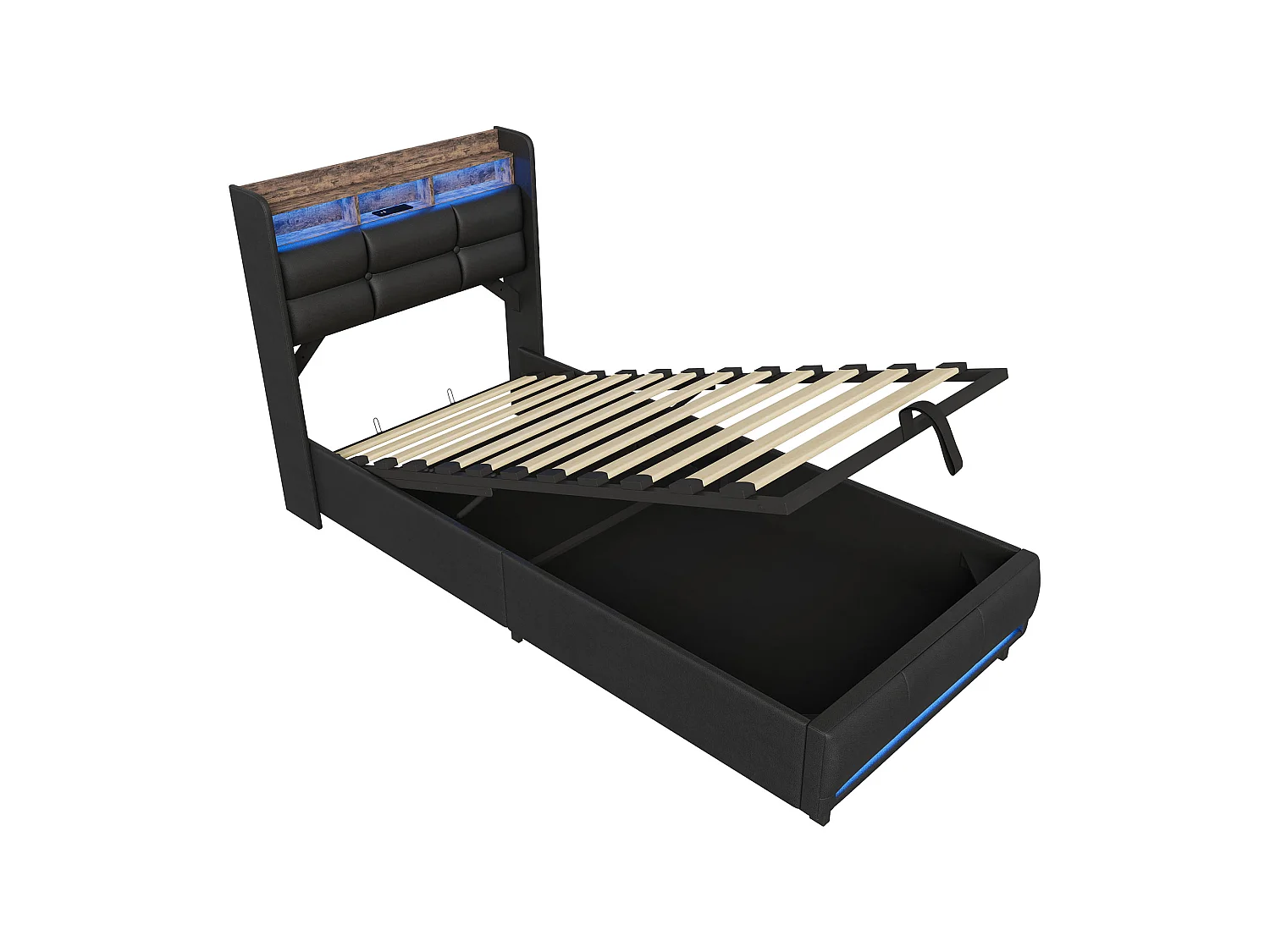 Lit simple coffre hydraulique 90x200cm pour chambre adolescent, simili-cuir noir PU, éclairage LED et ports de charge USB, sommier à lattes