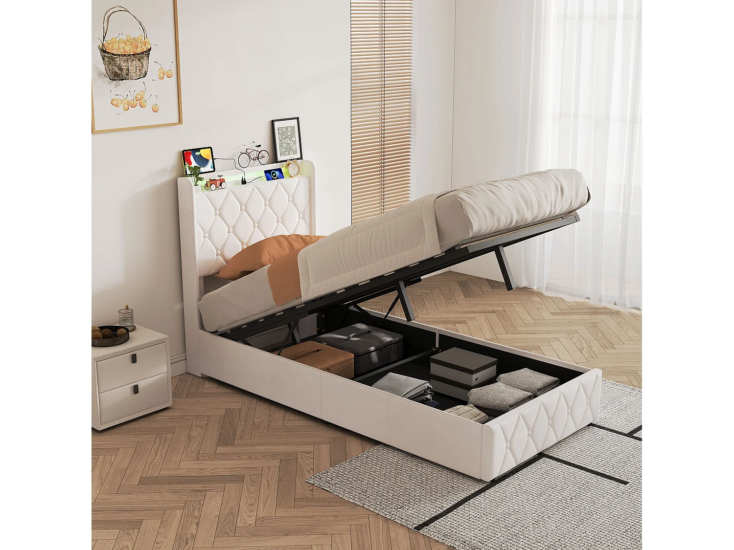 Lit simple coffre hydraulique 90x200cm velours beige, cadre lit avec sommier à lattes, rangement sous lit