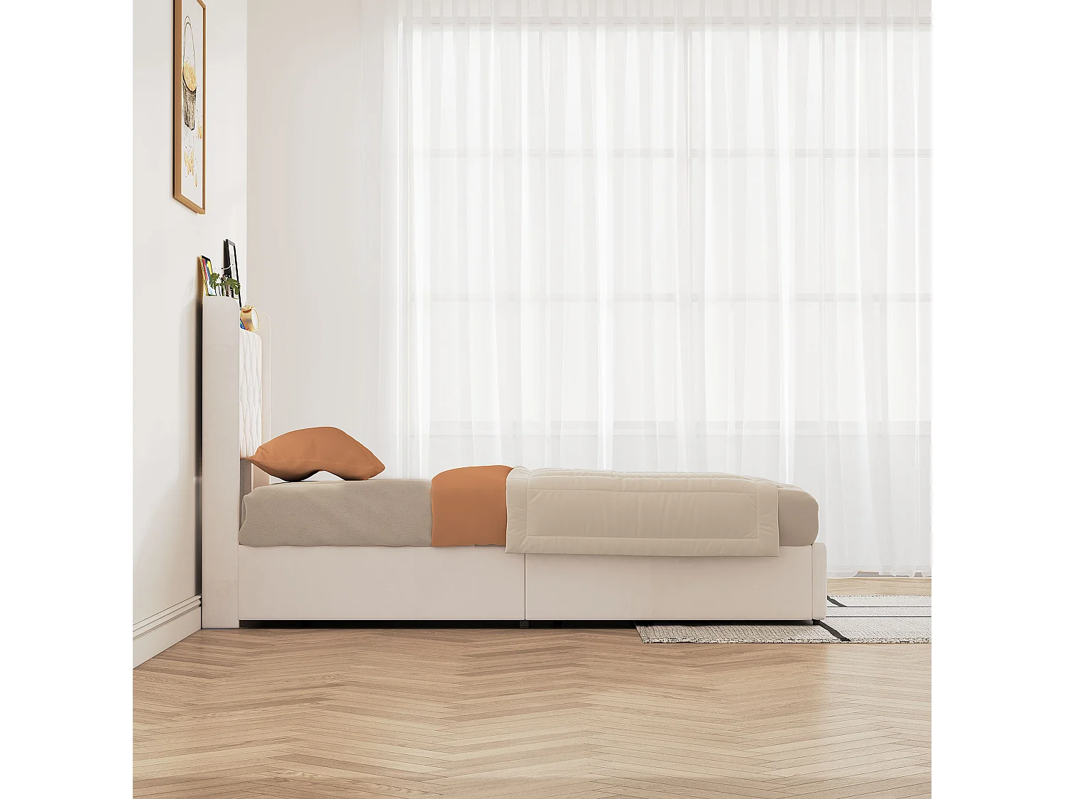 Lit simple coffre hydraulique 90x200cm velours beige, cadre lit avec sommier à lattes, rangement sous lit