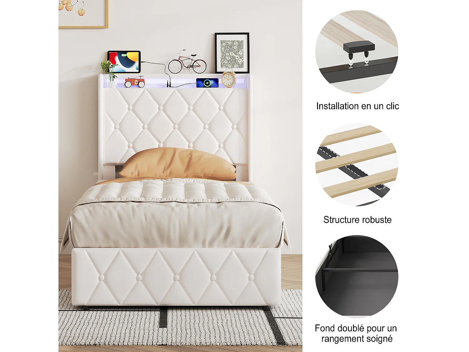 Lit simple coffre hydraulique 90x200cm velours beige, cadre lit avec sommier à lattes, rangement sous lit