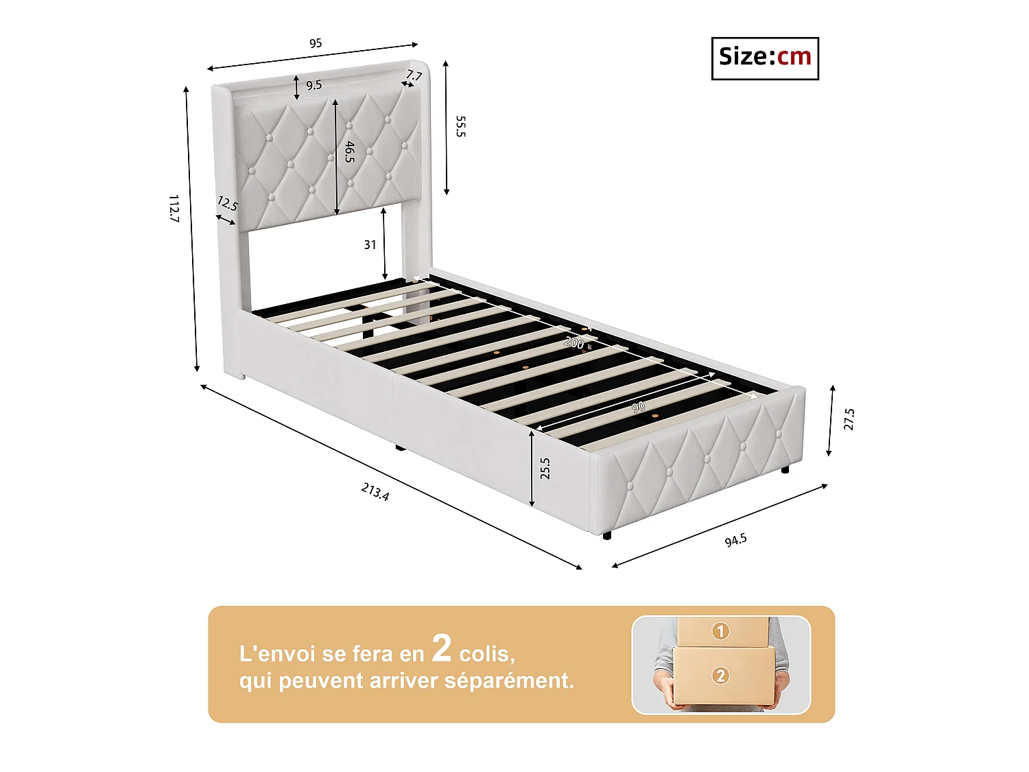Lit simple coffre hydraulique 90x200cm velours beige, cadre lit avec sommier à lattes, rangement sous lit