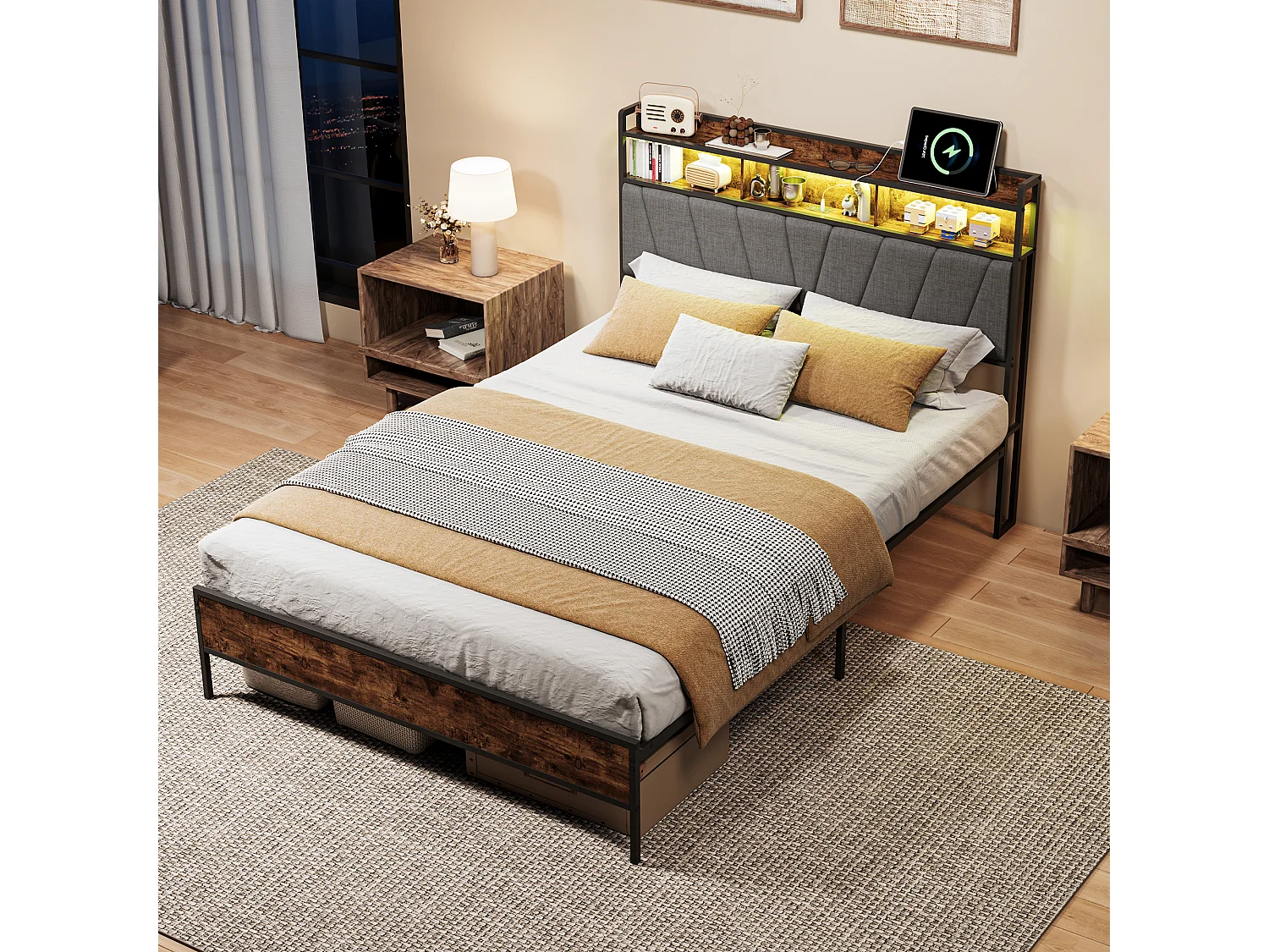Lit double 140x200cm structure moderne, tête de lit rembourrée RGB-LED ports USB,Lin/gris