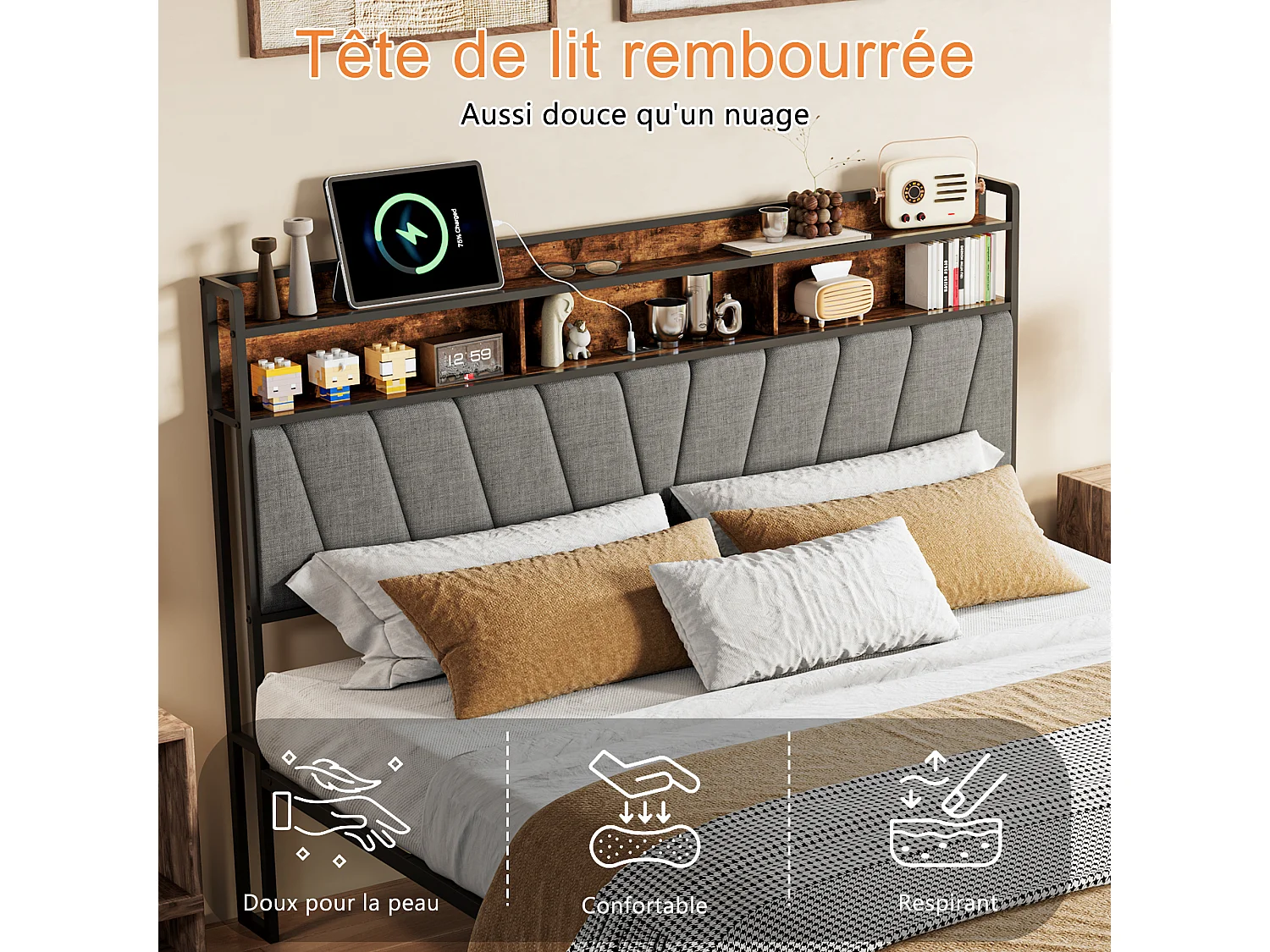 Lit double 140x200cm structure moderne, tête de lit rembourrée RGB-LED ports USB,Lin/gris