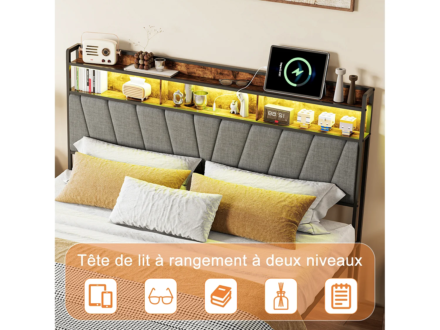 Lit double 140x200cm structure moderne, tête de lit rembourrée RGB-LED ports USB,Lin/gris