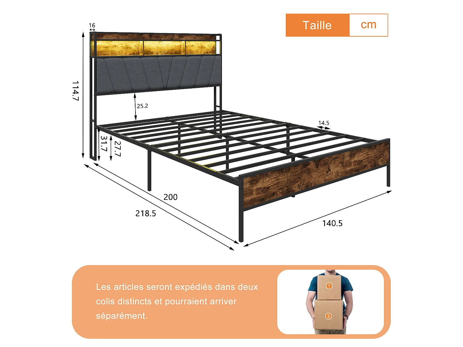 Lit double 140x200cm structure moderne, tête de lit rembourrée RGB-LED ports USB,Lin/gris