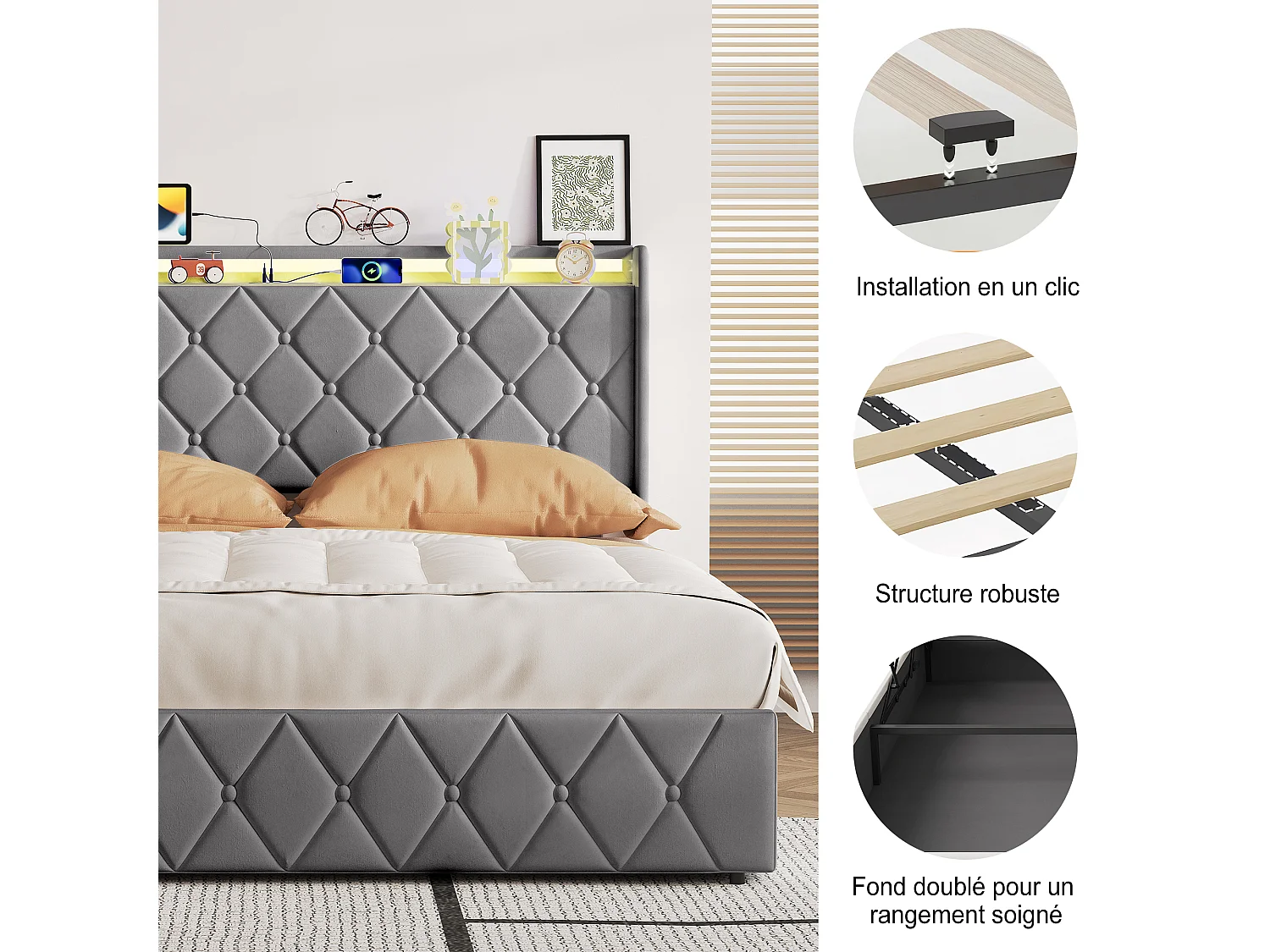 Lit coffre pneumatique double 160x200cm velours gris, sommier à lattes, rangement volumineux sans matelas