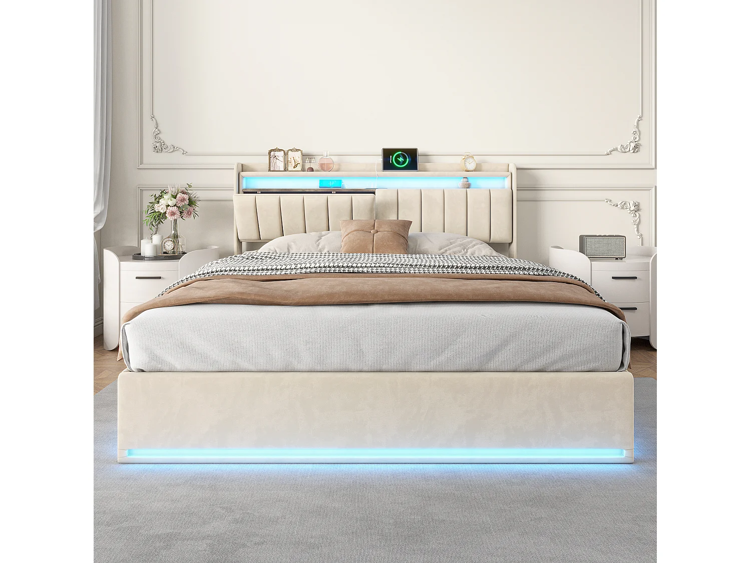 Lit double 140 x 190 cm, lit rembourré avec LED et port USB, lit coffre, lit enfant, sommier à lattes, velours, beige, sans matelas