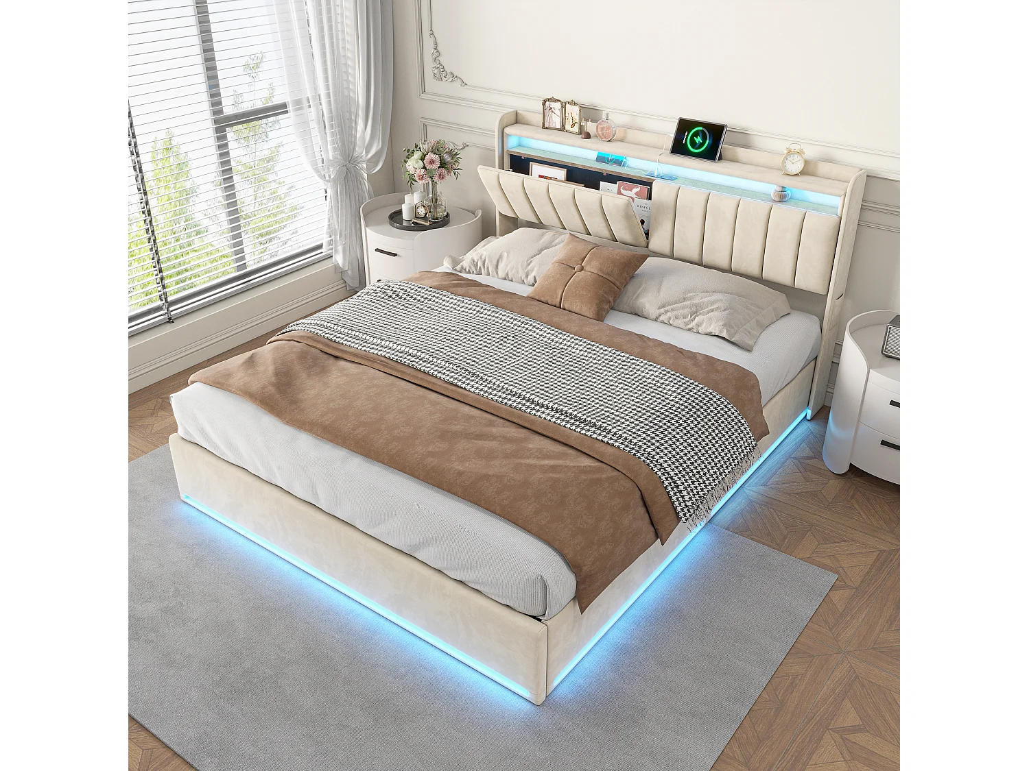 Lit double 140 x 190 cm, lit rembourré avec LED et port USB, lit coffre, lit enfant, sommier à lattes, velours, beige, sans matelas