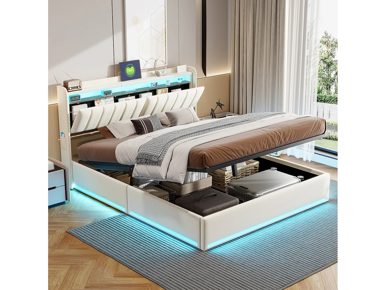 Lit double 140 x 190 cm, lit rembourré avec LED et port USB, lit coffre, lit enfant, sommier à lattes, velours, beige, sans matelas