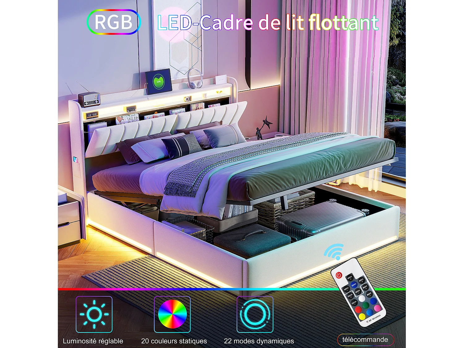 Lit double 140 x 190 cm, lit rembourré avec LED et port USB, lit coffre, lit enfant, sommier à lattes, velours, beige, sans matelas