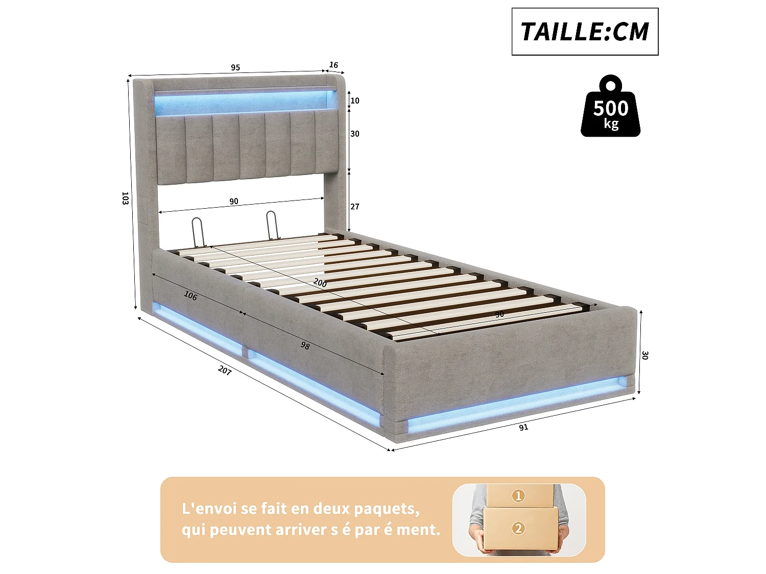 Lit simple 90 x 200 cm, lit rembourré avec LED et port USB, lit coffre, sommier à lattes, lit enfant, velours, gris, sans matelas