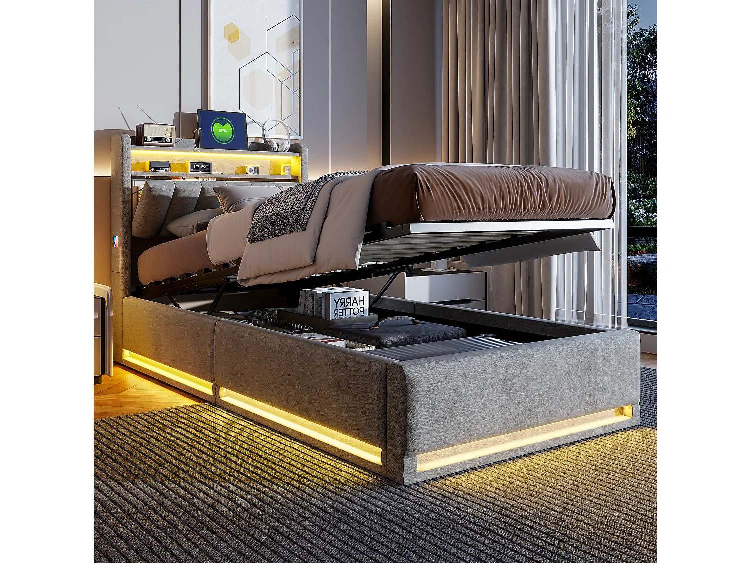 Lit simple 90 x 200 cm, lit rembourré avec LED et port USB, lit coffre, sommier à lattes, lit enfant, velours, gris, sans matelas