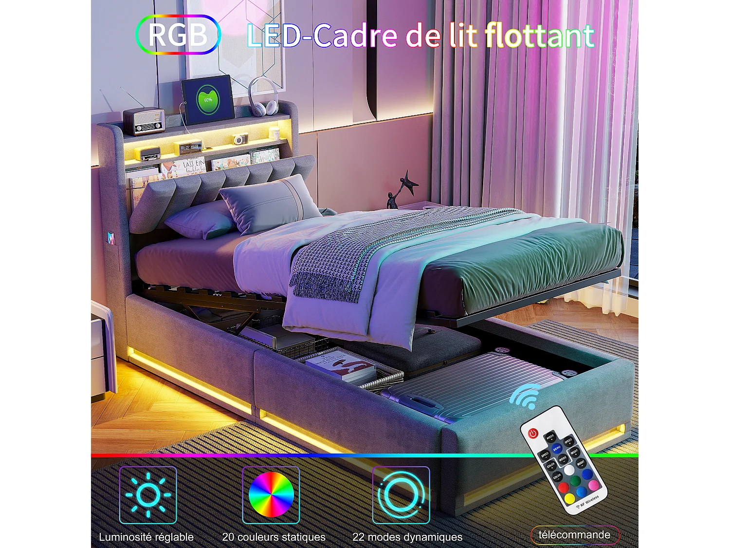Lit simple 90 x 200 cm, lit rembourré avec LED et port USB, lit coffre, sommier à lattes, lit enfant, velours, gris, sans matelas