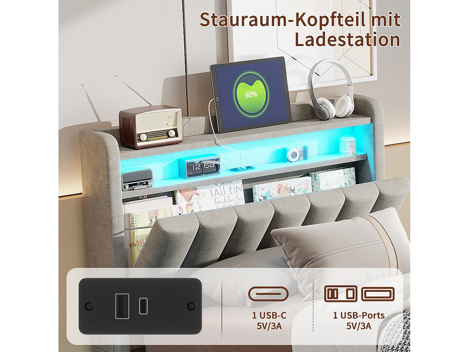 Lit simple 90 x 200 cm, lit rembourré avec LED et port USB, lit coffre, sommier à lattes, lit enfant, velours, gris, sans matelas