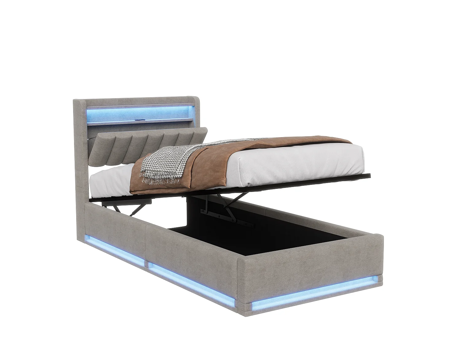 Lit simple 90 x 200 cm, lit rembourré avec LED et port USB, lit coffre, sommier à lattes, lit enfant, velours, gris, sans matelas