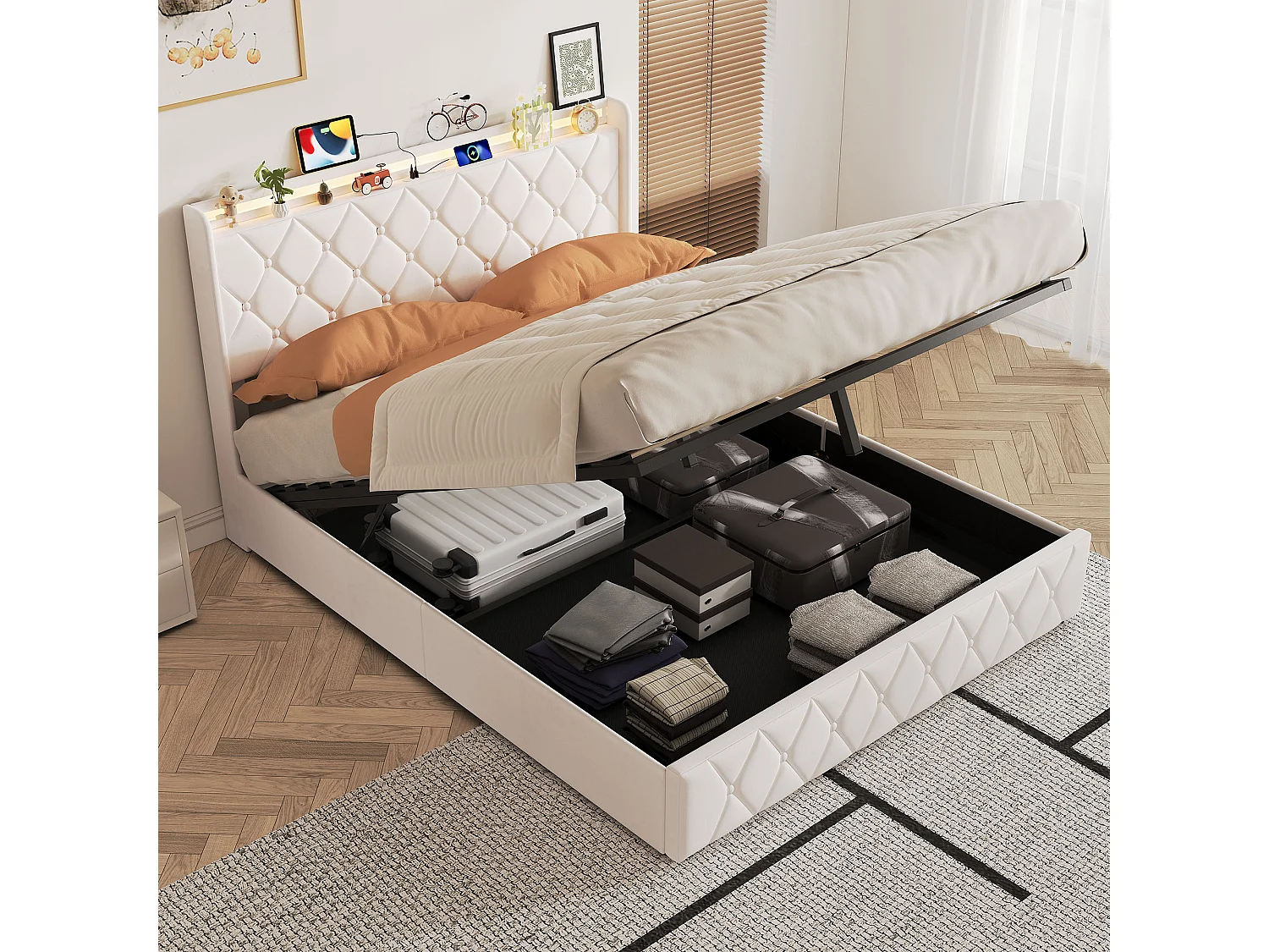 Lit coffre double 140x200cm velours beige, coffre de rangement hydraulique et sommier à lattes inclus