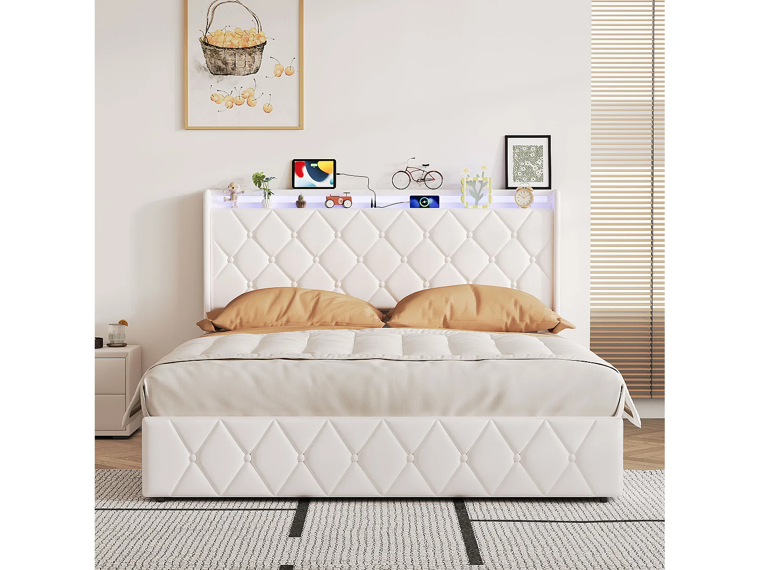 Lit coffre double 140x200cm velours beige, coffre de rangement hydraulique et sommier à lattes inclus