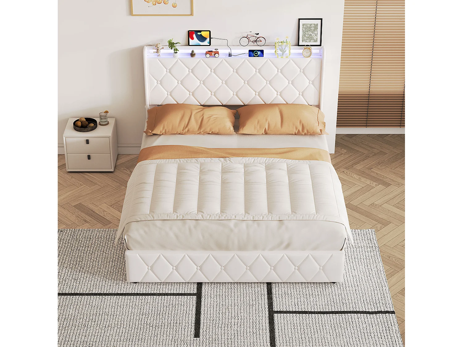 Lit coffre double 140x200cm velours beige, coffre de rangement hydraulique et sommier à lattes inclus
