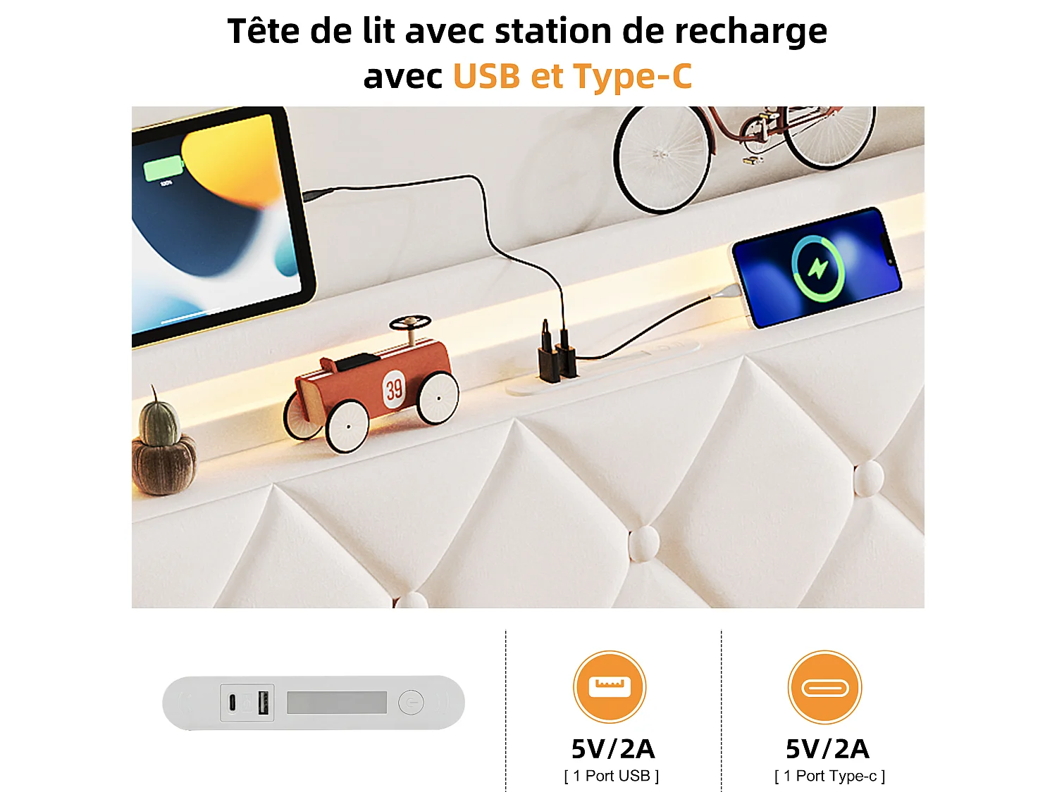 Lit coffre double 140x200cm velours beige, coffre de rangement hydraulique et sommier à lattes inclus