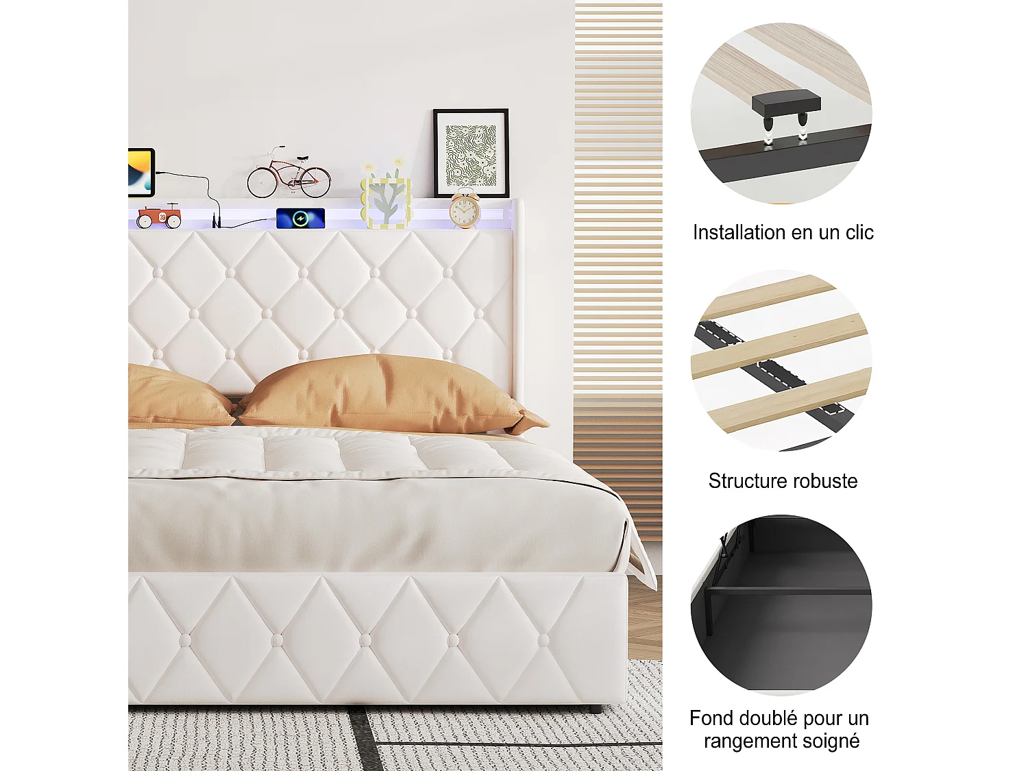 Lit coffre double 140x200cm velours beige, coffre de rangement hydraulique et sommier à lattes inclus
