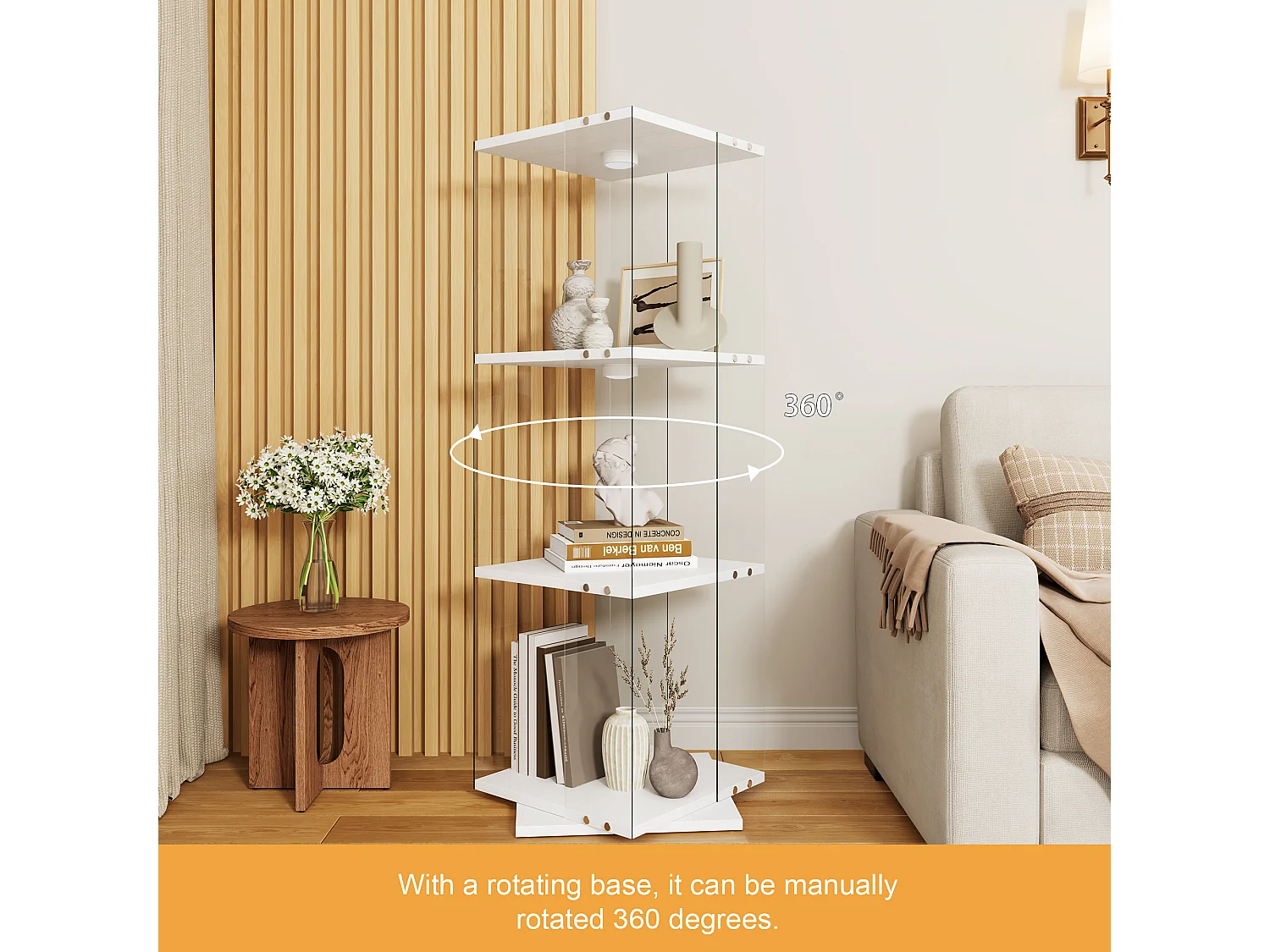 Vitrine d'exposition en verre avec socle rotatif à 360°, meuble de rangement 1 porte avec éclairage, 3 niveaux pour objets de collection, blanc, 121x38x38 cm