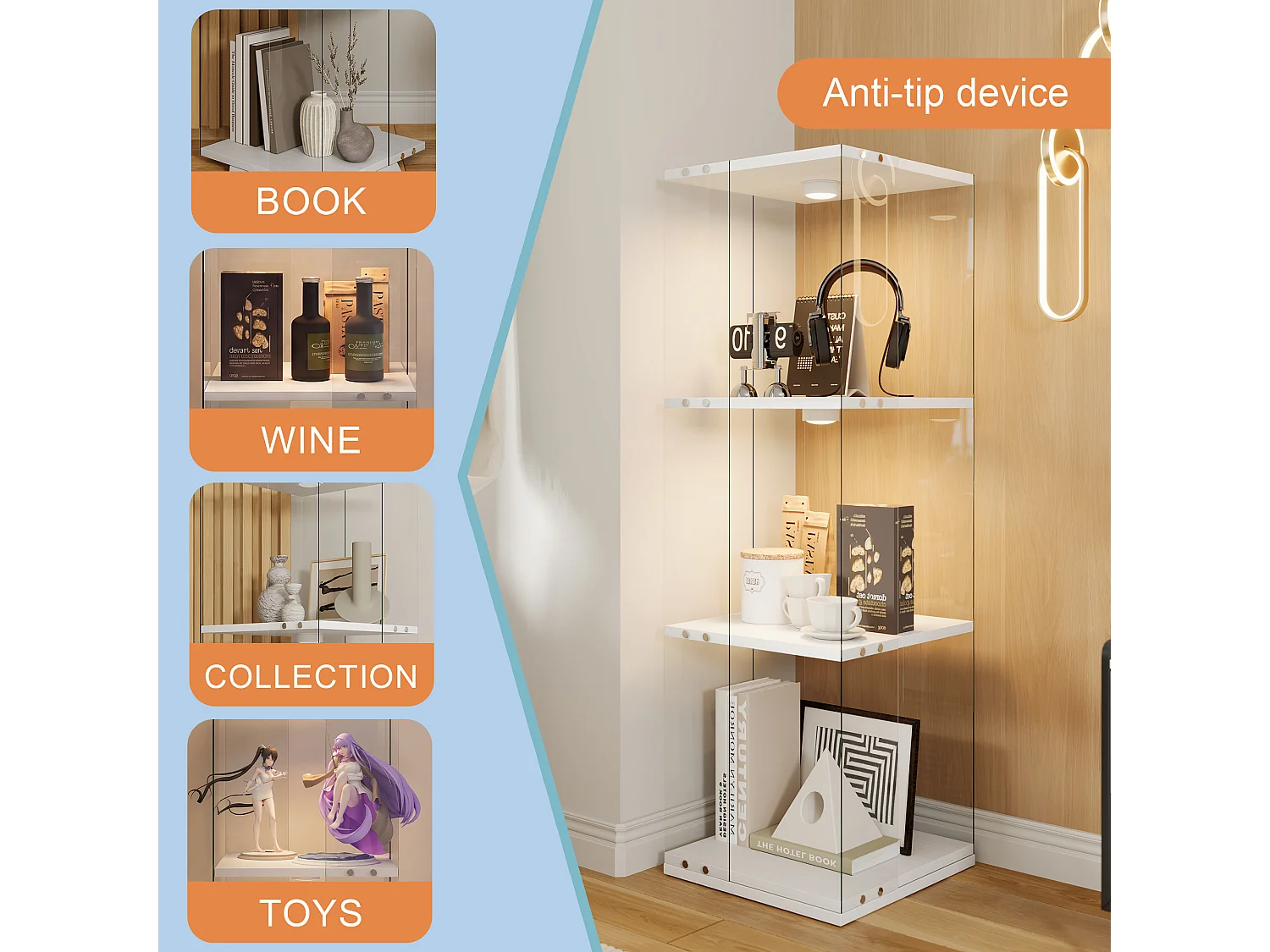 Vitrine d'exposition en verre avec socle rotatif à 360°, meuble de rangement 1 porte avec éclairage, 3 niveaux pour objets de collection, blanc, 121x38x38 cm