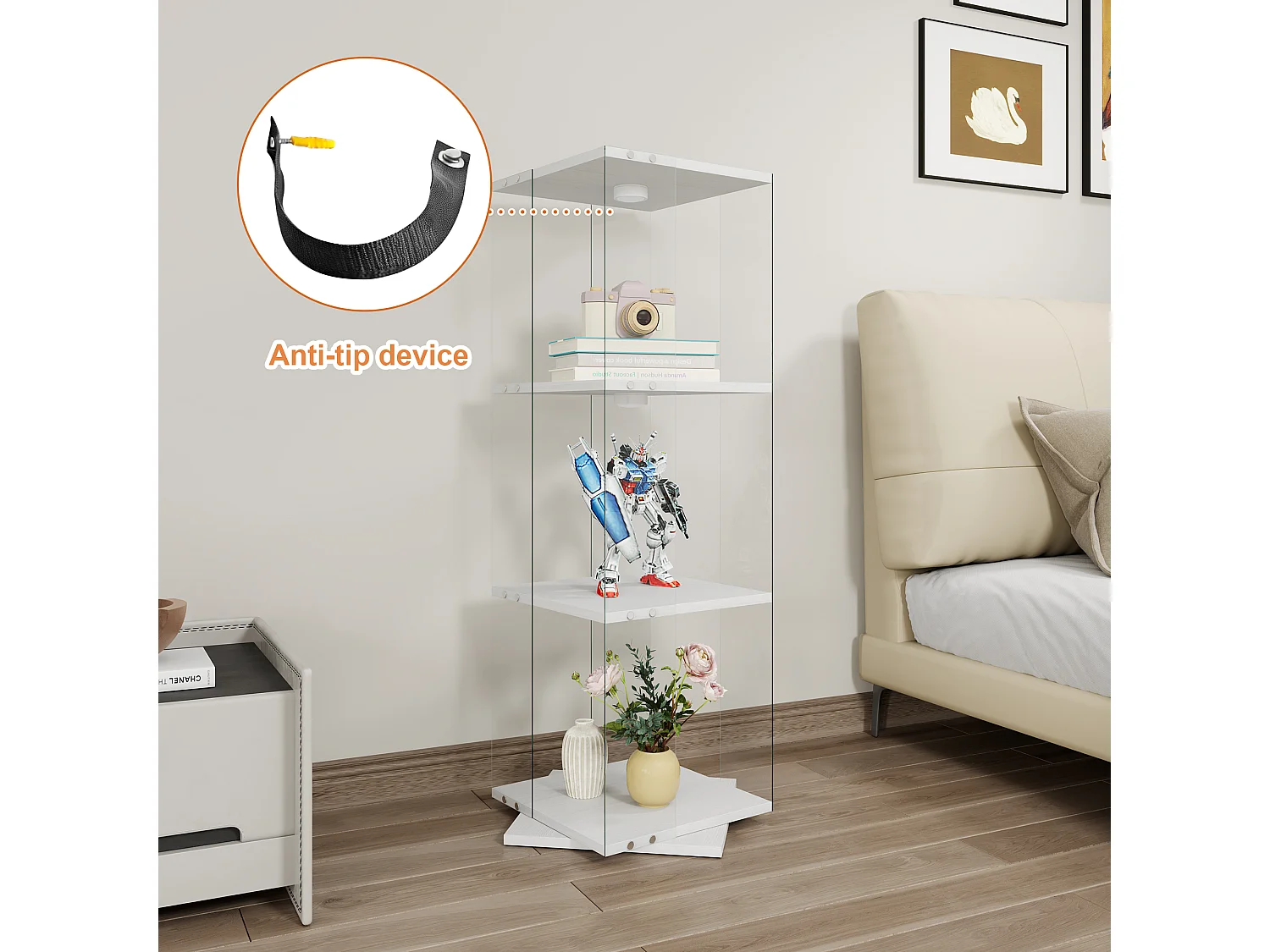 Vitrine d'exposition en verre avec socle rotatif à 360°, meuble de rangement 1 porte avec éclairage, 3 niveaux pour objets de collection, blanc, 121x38x38 cm
