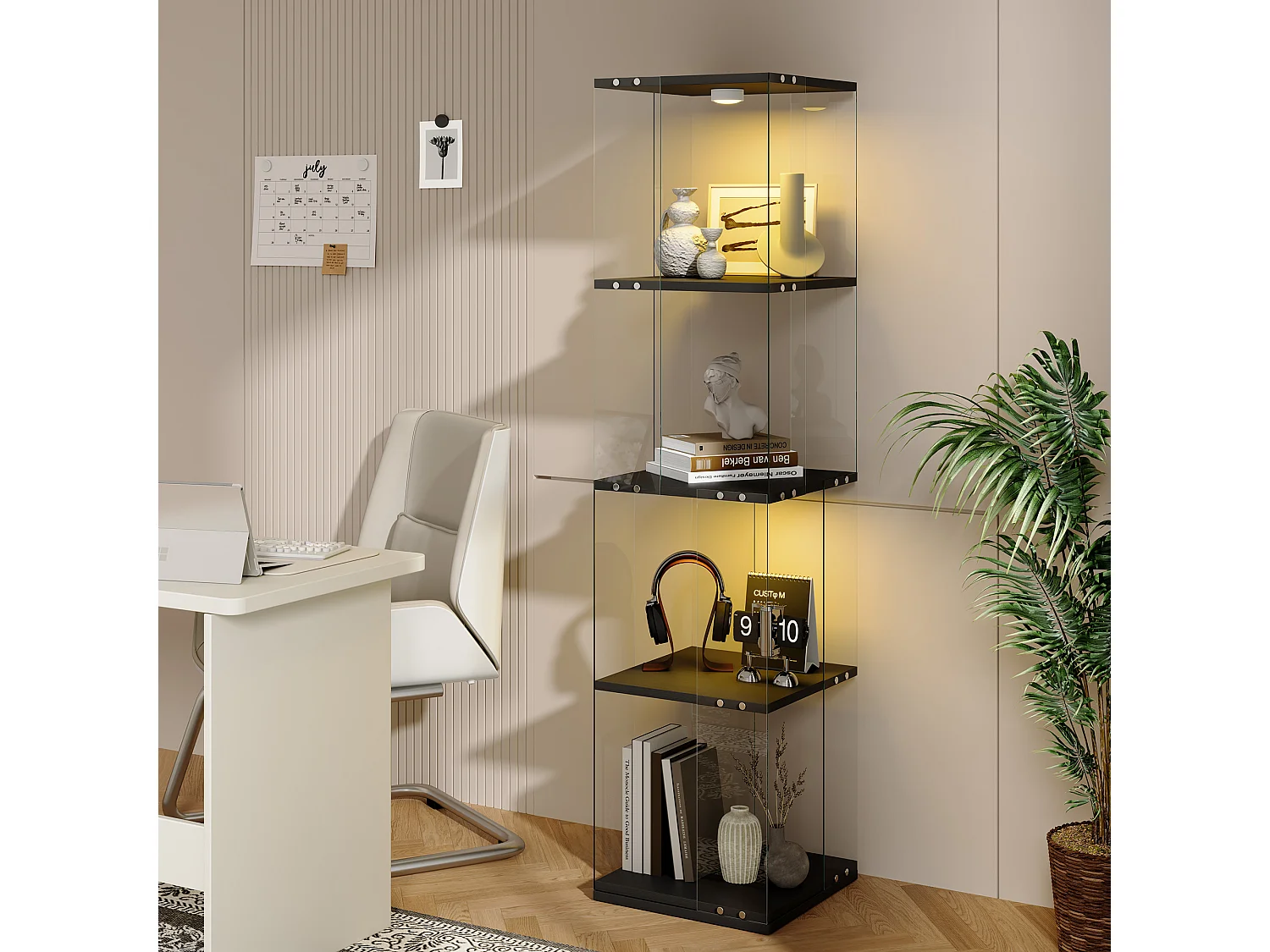 Vitrine d'exposition en verre avec socle rotatif à 360°, meuble de rangement 1 porte avec éclairage, 4 étagères pour objets de collection, noir, 160x38x38 cm