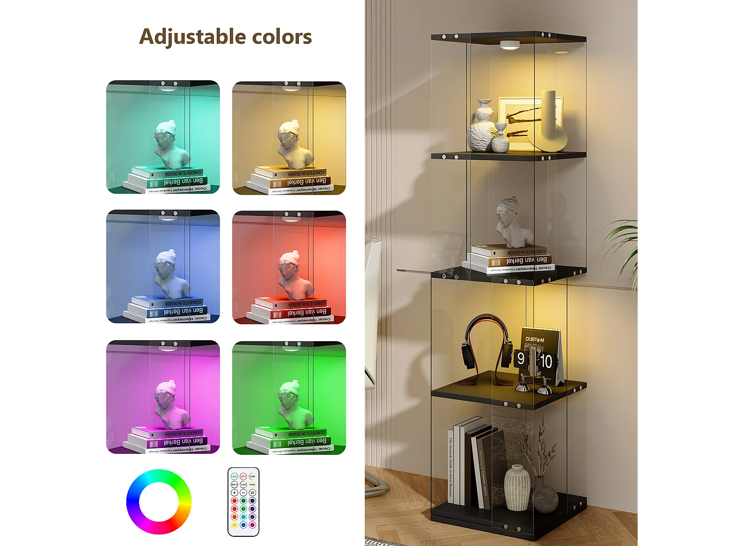 Vitrine d'exposition en verre avec socle rotatif à 360°, meuble de rangement 1 porte avec éclairage, 4 étagères pour objets de collection, noir, 160x38x38 cm
