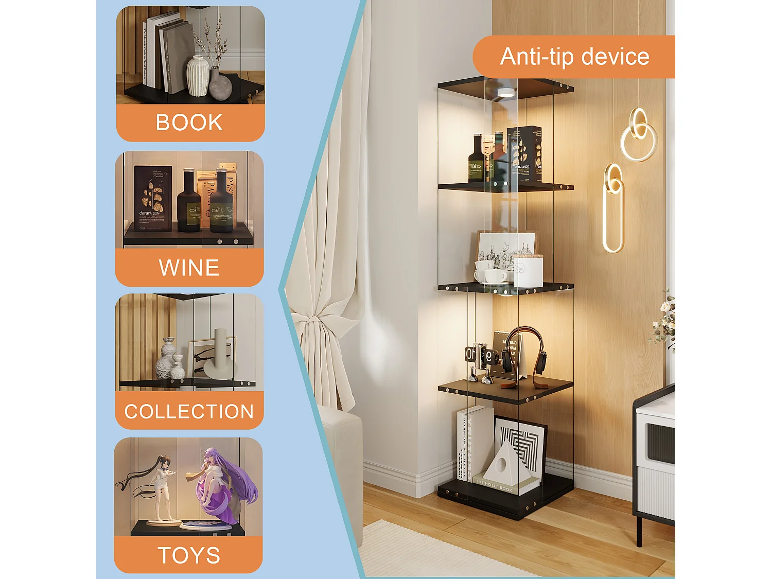 Vitrine d'exposition en verre avec socle rotatif à 360°, meuble de rangement 1 porte avec éclairage, 4 étagères pour objets de collection, noir, 160x38x38 cm