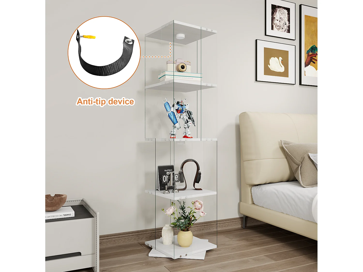 Vitrine d'exposition en verre avec socle rotatif à 360°, meuble de rangement 1 porte avec éclairage, 4 étagères pour objets de collection, noir, 160x38x38 cm