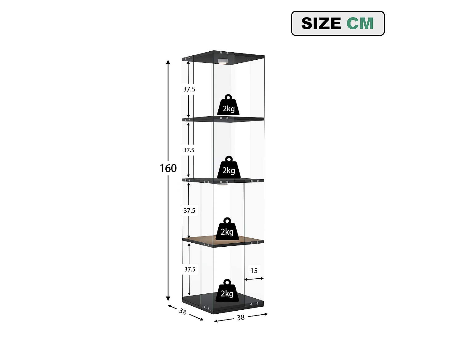 Vitrine d'exposition en verre avec socle rotatif à 360°, meuble de rangement 1 porte avec éclairage, 4 étagères pour objets de collection, noir, 160x38x38 cm