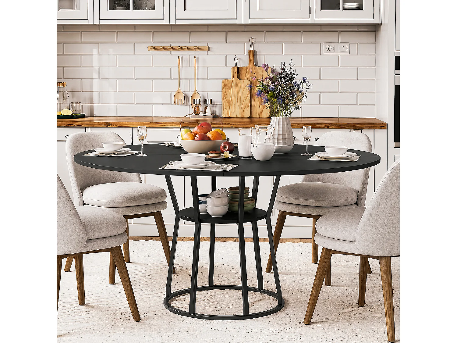 Table à manger ronde,120 cm avec structure métallique, pieds réglables, étagères ouvertes, design bois vintage
