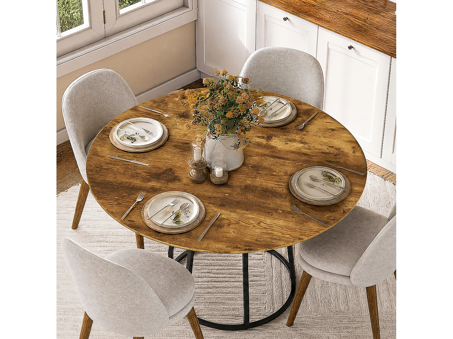 Table à manger ronde,120 cm avec structure métallique, pieds réglables, étagères ouvertes, design bois vintage