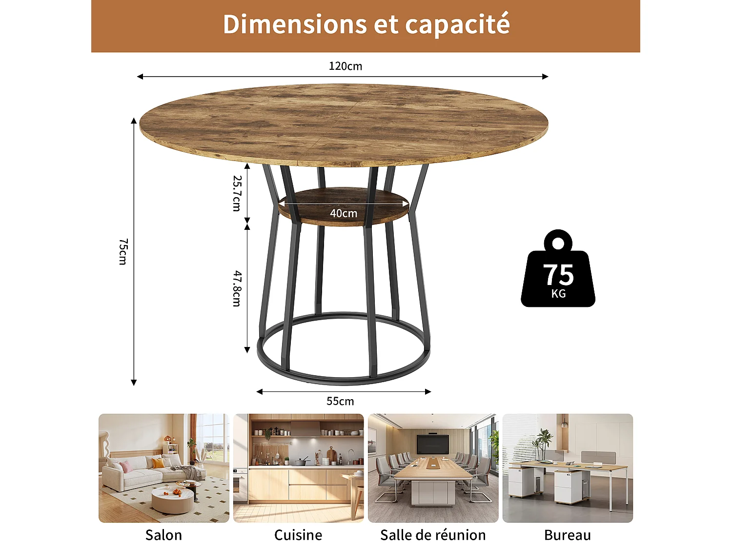 Table à manger ronde,120 cm avec structure métallique, pieds réglables, étagères ouvertes, design bois vintage