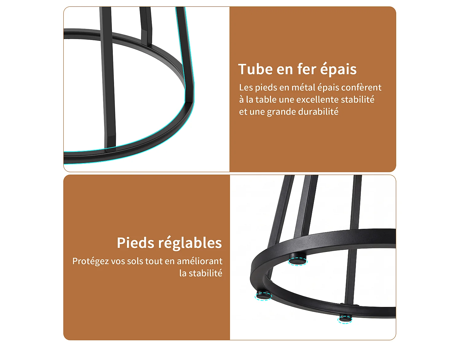 Table à manger ronde,120 cm avec structure métallique, pieds réglables, étagères ouvertes, design bois vintage