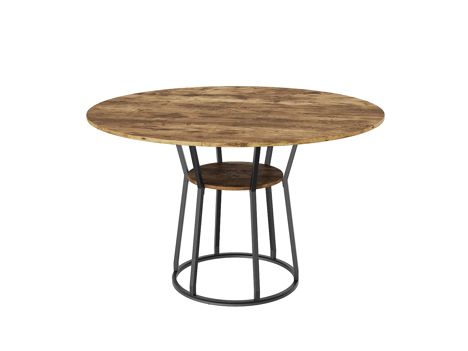 Table à manger ronde,120 cm avec structure métallique, pieds réglables, étagères ouvertes, design bois vintage