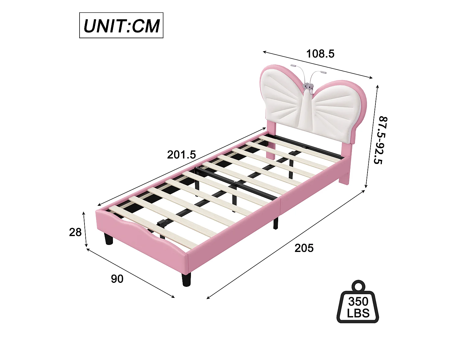 Lit enfant 90x200cm, tête de lit en forme de papillon,Lit pour ado, avec éclairage LED, velours, sans matelas, rose