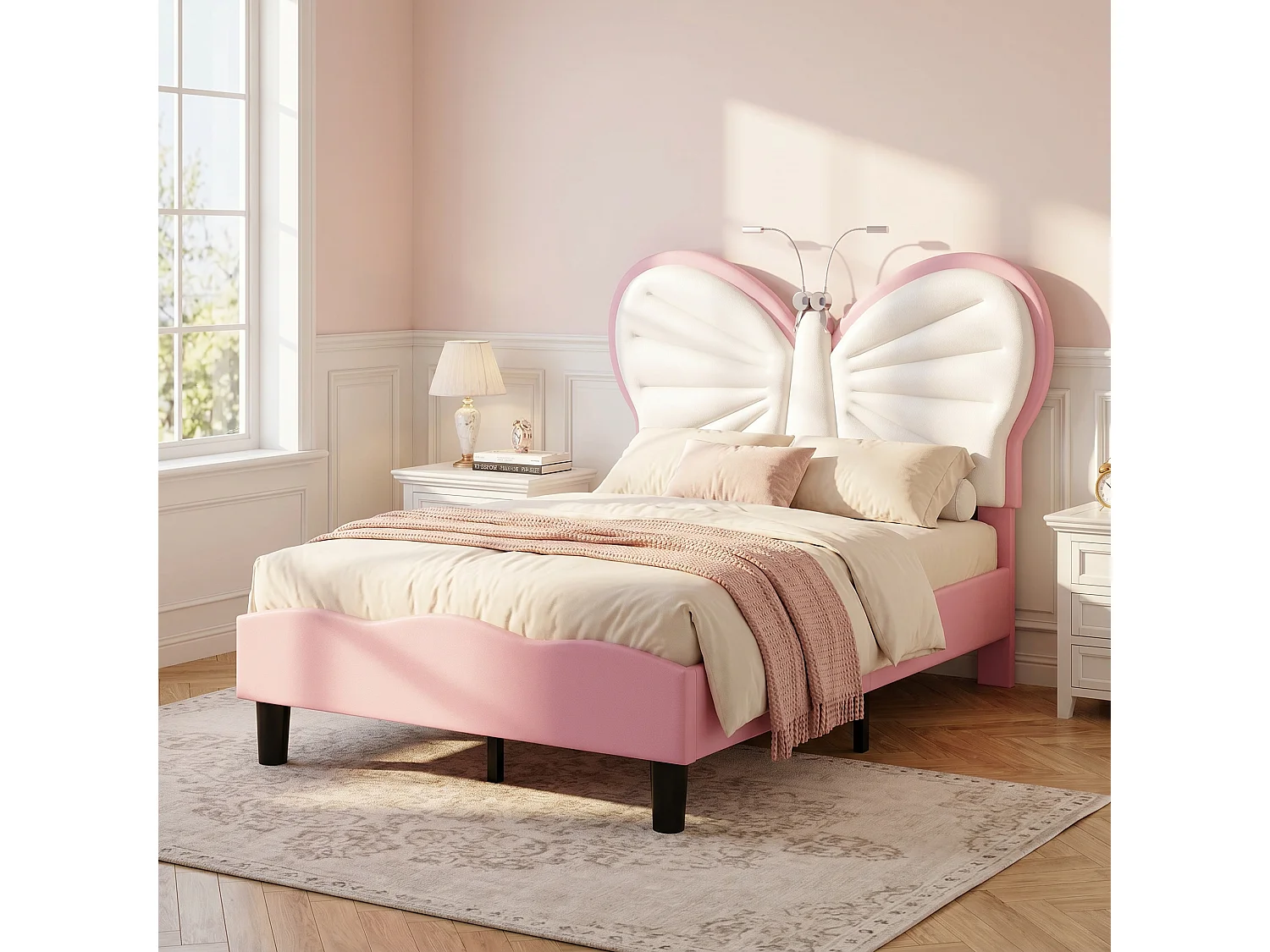 Lit enfant 90x200cm, tête de lit en forme de papillon,Lit pour ado, avec éclairage LED, velours, sans matelas, rose