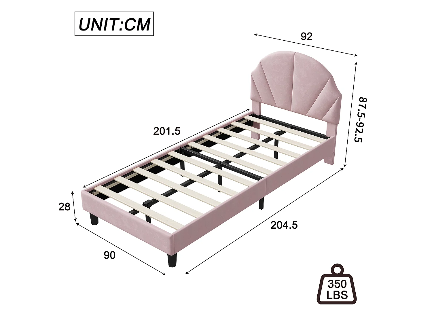 Lit enfant rembourré 90 x 200 cm, lit enfant en flanelle avec tête de lit réglable, sommier à lattes, lit plateforme, rose, sans matelas